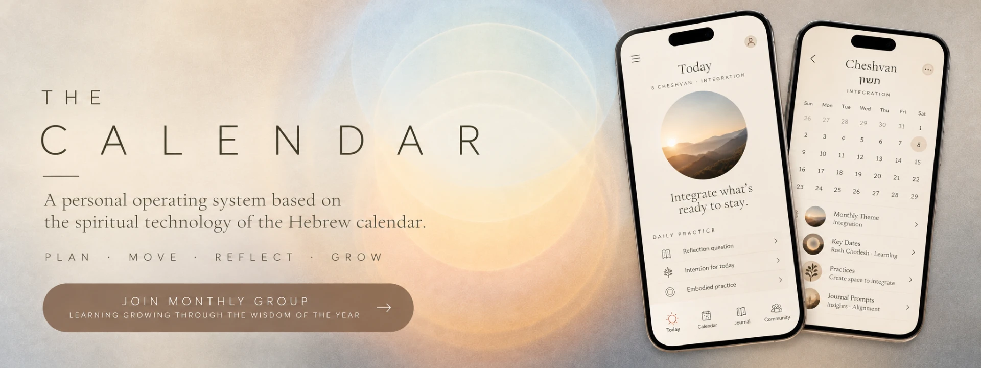 The Calendar, a personal operating system based on the spiritual technology of the Hebrew calendar, shown on two phones