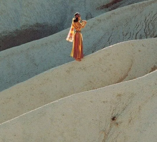 This may contain: a woman in an orange dress standing on top of a large sand dune with her arms outstretched