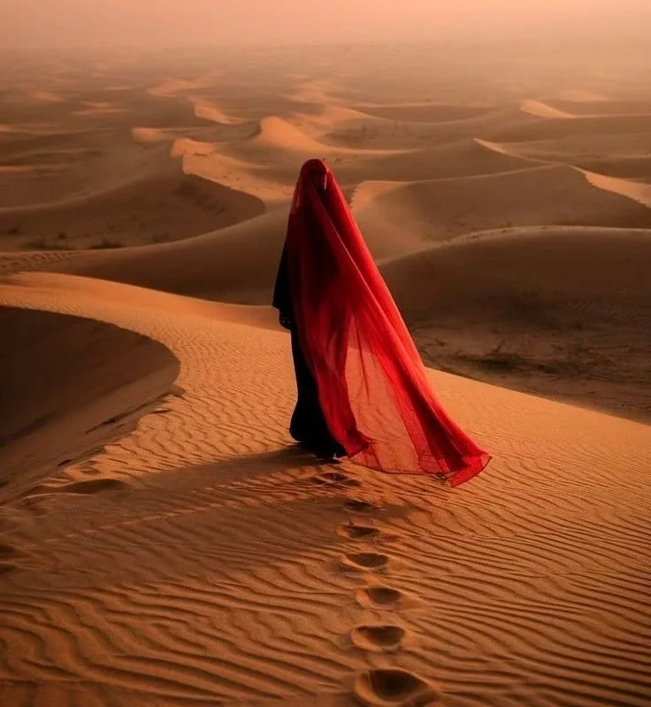 This may contain: a woman in a red dress walking across sand dunes at sunset or dawn with her veil draped over her head
